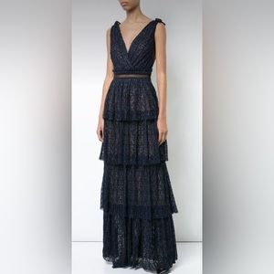 Petite US 4 Self Portrait V Neck Tiered Gown Dress Maxi Navy Blue